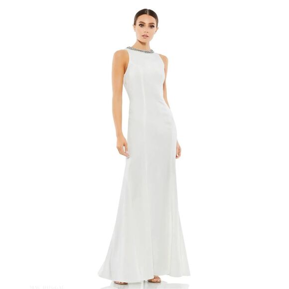 Mac Duggal White Embellished Neck Trumpet Gown US 6 $398 - Picture 1 of 10